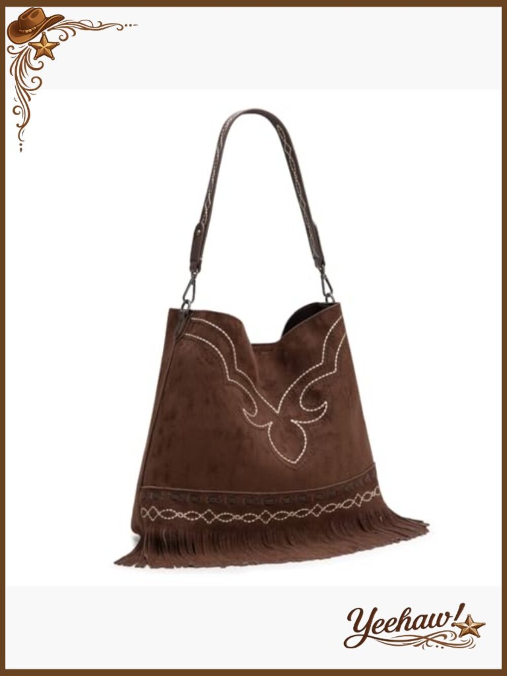 Fringe Suede Hobo Bag with Embroidered Strap - Picture 5 of 6